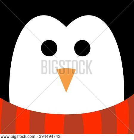 Cute Penguin Face With Red Striped Scarf Illustrated  In Square. Iconic Animal  For Christmas Celebr