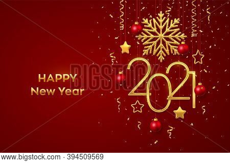 Happy New 2021 Year. Hanging Golden Metallic Numbers 2021 With Shining Snowflake, 3d Metallic Stars,