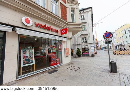 Passau / Germany - November 8, 2020: Branch Logo Of Vodafone. Vodafone Gmbh Is A German Subsidiary O