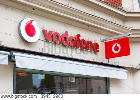 Passau / Germany - November 8, 2020: Branch Logo Of Vodafone. Vodafone Gmbh Is A German Subsidiary O