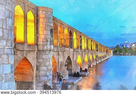 Allahverdi Khan Bridge At Night Colorful Painting