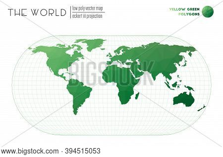 Abstract Geometric World Map. Eckert Iii Projection Of The World. Yellow Green Colored Polygons. Ele