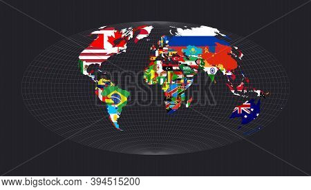 Worldmapwith Flags Of Each Country. Aitoff Projection. Map Of The World With Meridians On Dark Backg