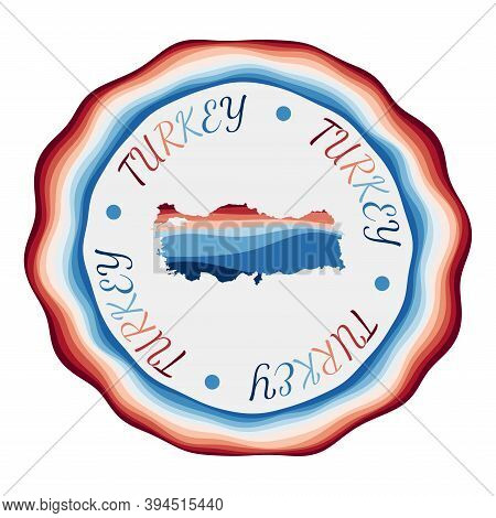Turkey Badge. Map Of The Country With Beautiful Geometric Waves And Vibrant Red Blue Frame. Vivid Ro