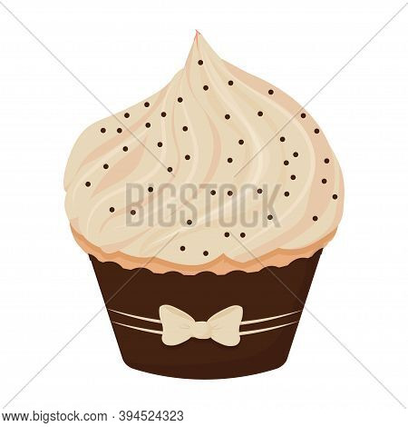 Cupcake With Cream And Cute Baw, Tasty Delicious Dessert Isolated On White Background. Sweet Food, C