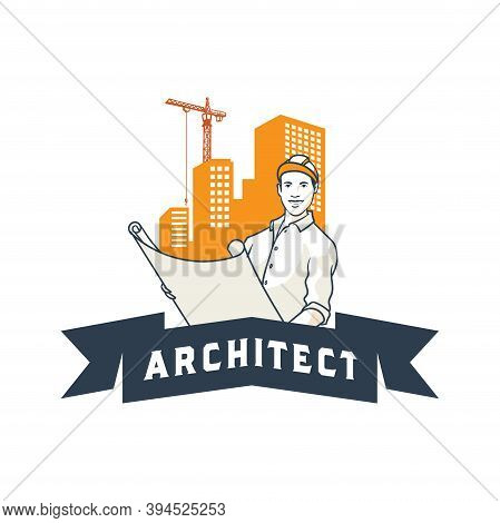 Young Architect Man Read The Blueprint With Skyscraper  And Crane In Background, Logo Mascot Design 
