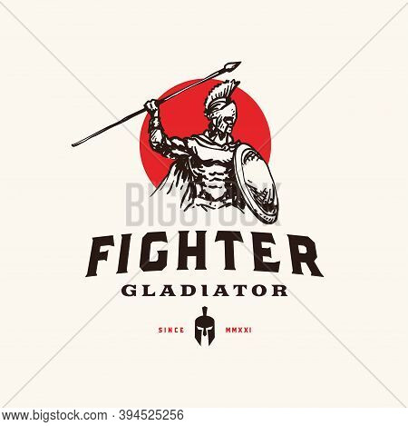 Spartan Fighter Gladiator With Shield And Spear Ready To Strike Logo Concept Design
