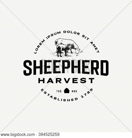 Sheep And  Lamb Shepherd Eating Grass Logo Vintage Retro Logo Template