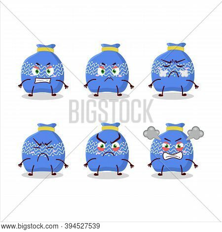 Blue Santa Bag Cartoon Character With Various Angry Expressions