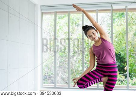 Asian Women Workout Practicing Yoga Training Put On Pink Clothes And Practice Meditation Wellness Li