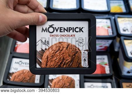 Tyumen, Russia-november 07, 2020: Movenpick Cream Cup In A Hypermarket. Produced Mainly In Switzerla