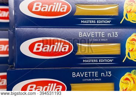 Tyumen, Russia-october 11, 2020: Barilla Pasta. Barilla Produces Several Kinds Of Pasta. Selective F