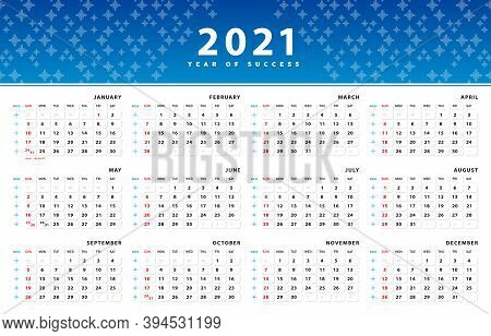 Calendar 2021 Template Design. Header Gradient Blue Minimal With Pattern Shape And Clean Layout For 