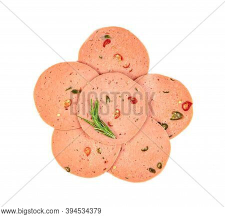 Closeup Bologna Sliced Isolated On White Background
