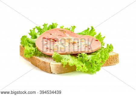 Bologna Sliced With Bread And Lettuce Leaf Isolated On White Background