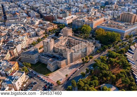 Aerial View Of Suevian Castle In Bari Old Town.this Castle Has Irregular Shape And Four Towers. It W