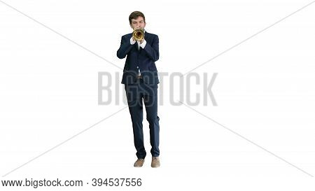 Man In Suit Standing Playing Trumpet On White Background.