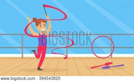 Cute Girl Performing Gymnastic Exercise, Gymnast Girl With Ribbon Taking Part In Rhythmic Gymnastics