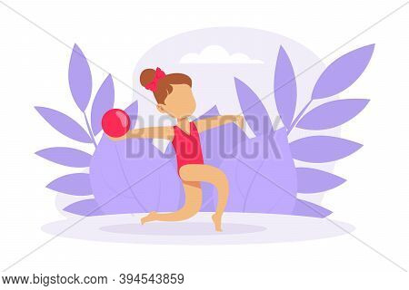 Cute Girl Performing Gymnastic Exercise With Ball, Gymnast Girl Taking Part In Rhythmic Gymnastics C