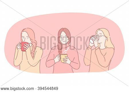 Hot Drinks During Cold Seasons Concept. Young Positive Women Cartoon Characters Holding Mugs And Dri
