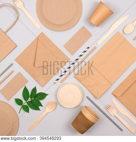 Square Composition With Eco-friendly Tableware - Kraft Paper Food Packaging On Light Grey Background