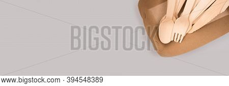 Banner With Wooden Cultery Set Made Of Natural Bamboo - Biodegradable And Compostable Cultery Concep
