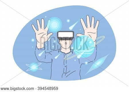 People, Movie, Parallel Reality, Visual Effects In Glasses Concept. Young Man In 3d Glasses Touching