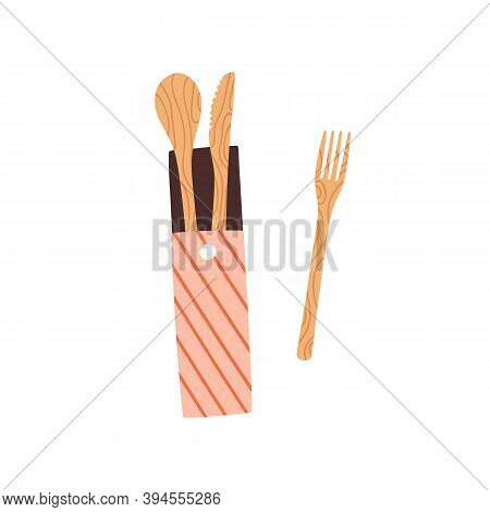 Composition Of Zero Waste Reusable Wooden Spoon, Fork And Knife Made From Sustainable Materials. Fla
