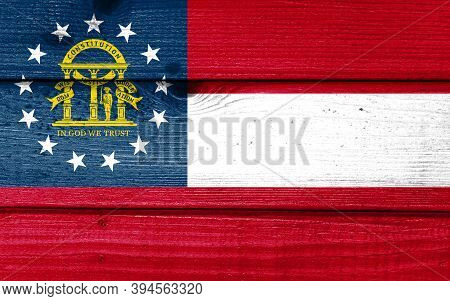 Georgia Flag Painted On Old Wood Plank Background. Brushed Natural Light Knotted Wooden Board Textur