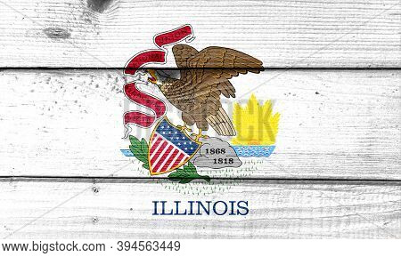 Illinois Flag Painted On Old Wood Plank Background. Brushed Natural Light Knotted Wooden Board Textu