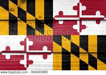 Maryland Flag Painted On Old Wood Plank Background. Brushed Natural Light Knotted Wooden Board Textu