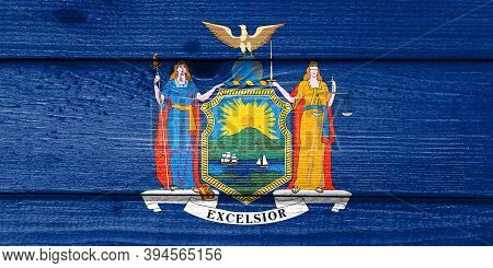 New York Flag Painted On Old Wood Plank Background. Brushed Natural Light Knotted Wooden Board Textu