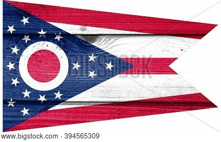 Ohio Flag Painted On Old Wood Plank Background. Brushed Natural Light Knotted Wooden Board Texture. 