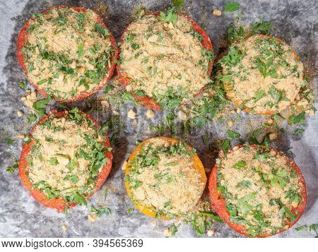 Provencal Tomatoes - Preparation Of A Dish, Halves Of Tomatoes Sprinkled With Breadcrumbs, Herbs And