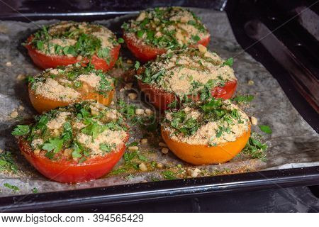 Provencal Tomatoes - Preparation Of A Dish, Halves Of Tomatoes Sprinkled With Breadcrumbs, Herbs And
