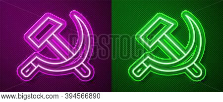 Glowing Neon Line Hammer And Sickle Ussr Icon Isolated On Purple And Green Background. Symbol Soviet