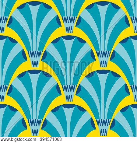 Vector Art Deco Stylized Fanning Flower Seamless Pattern Background. Blue Yellow Geometric Backdrop 
