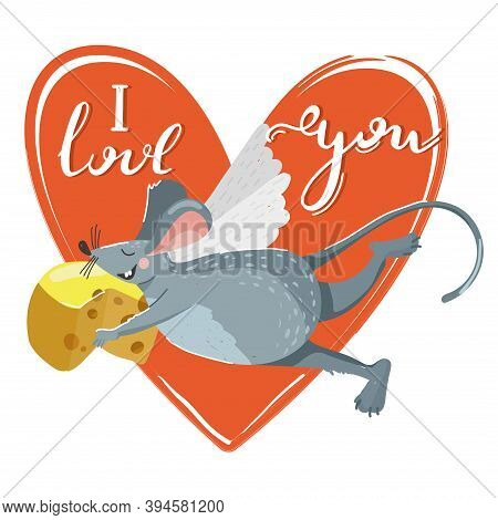 Greeting Day Card With Cute Rat And Large Piece Of Cheese. Stylish Typography Slogan Design 