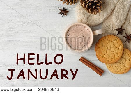 Hello January Greeting Card. Composition With Delicious Hot Cocoa Drink And Cookies On White Wooden 