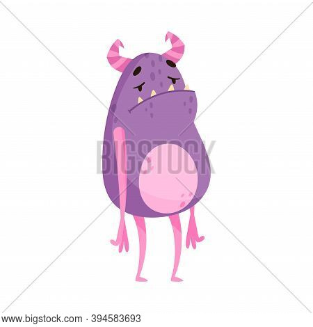 Purple Monster With Horns Expressing Sadness Vector Illustration
