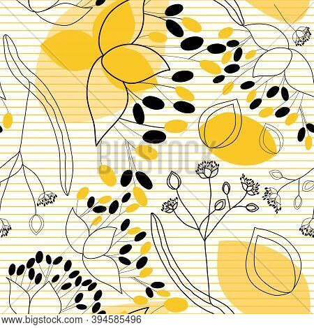 Seamless Pattern Of The Elements Of The North-western Caucasus Flora In Black And Gold Color. Textil