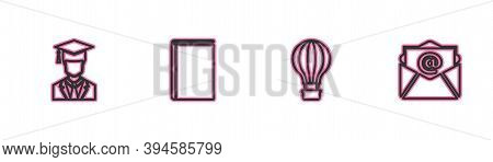 Set Line Graduate With Graduation Cap, Hot Air Balloon, Book And Mail And E-mail Icon. Vector
