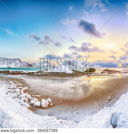 Fantastic Winter View Of Haukland Beach During Sunset With Lots Of Snow  And Snowy  Mountain Peaks N