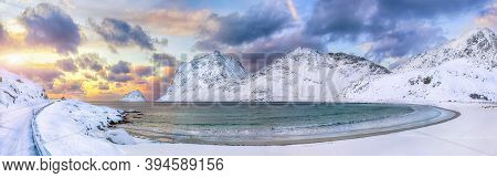 Fantastic Winter View Of Vik And Haukland Beaches During Sunset With Lots Of Snow  And Snowy  Mounta