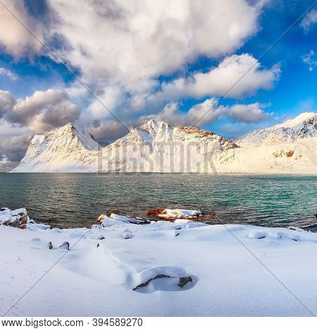 Fantastic Winter View Of Vik Beach During Sunset With Lots Of Snow  And Snowy  Mountain Peaks Near L