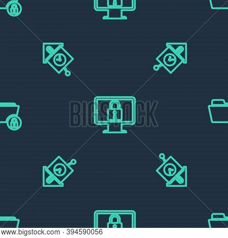Set Line Lock On Monitor, Retro Wall Watch And Folder And Lock On Seamless Pattern. Vector