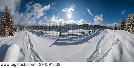 Picturesque Shadows On Snow From Wood Fence. Alpine Mountain Winter Hamlet Outskirts, Snowy Path, Fi