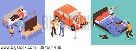 People Feeling Stress At Home And On Road Every Day Isometric Design Concept 3d Isolated Vector Illu