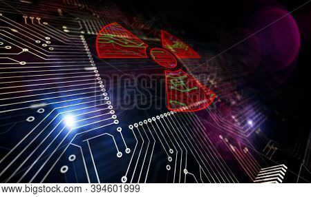 Processor Factory With Burning Cyber Attack With Nuclear Symbol 3D Illustration