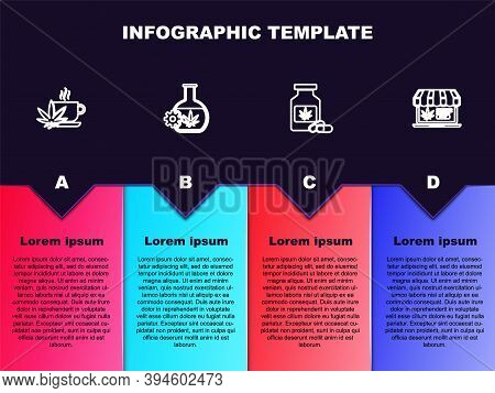 Set Line Cup Tea With Marijuana, Test Tube, Medical Bottle And Online Buying. Business Infographic T